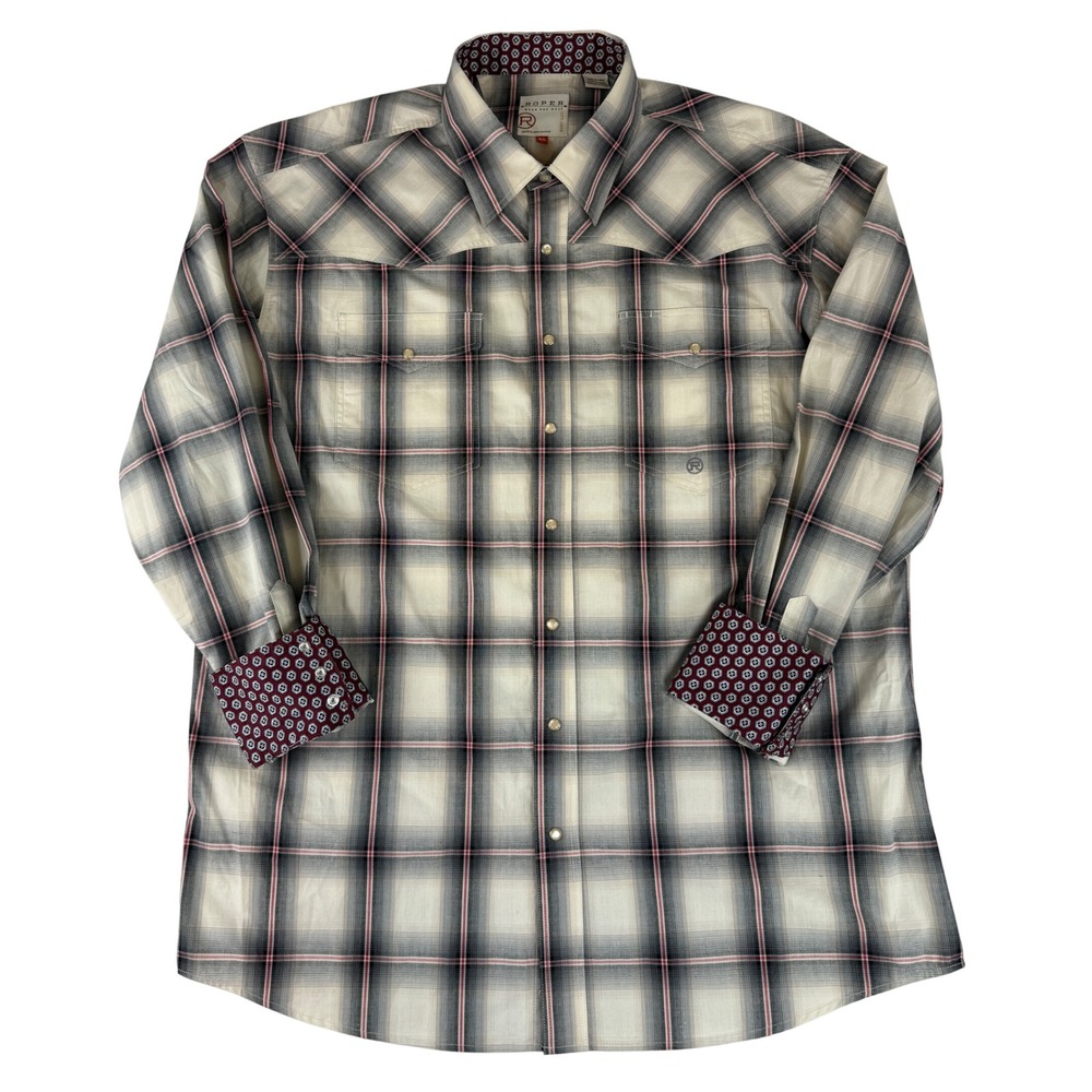 Roper Western Pearl Snap Shirt Mens XL Cream Black Red Plaid Long Sleeve Cotton